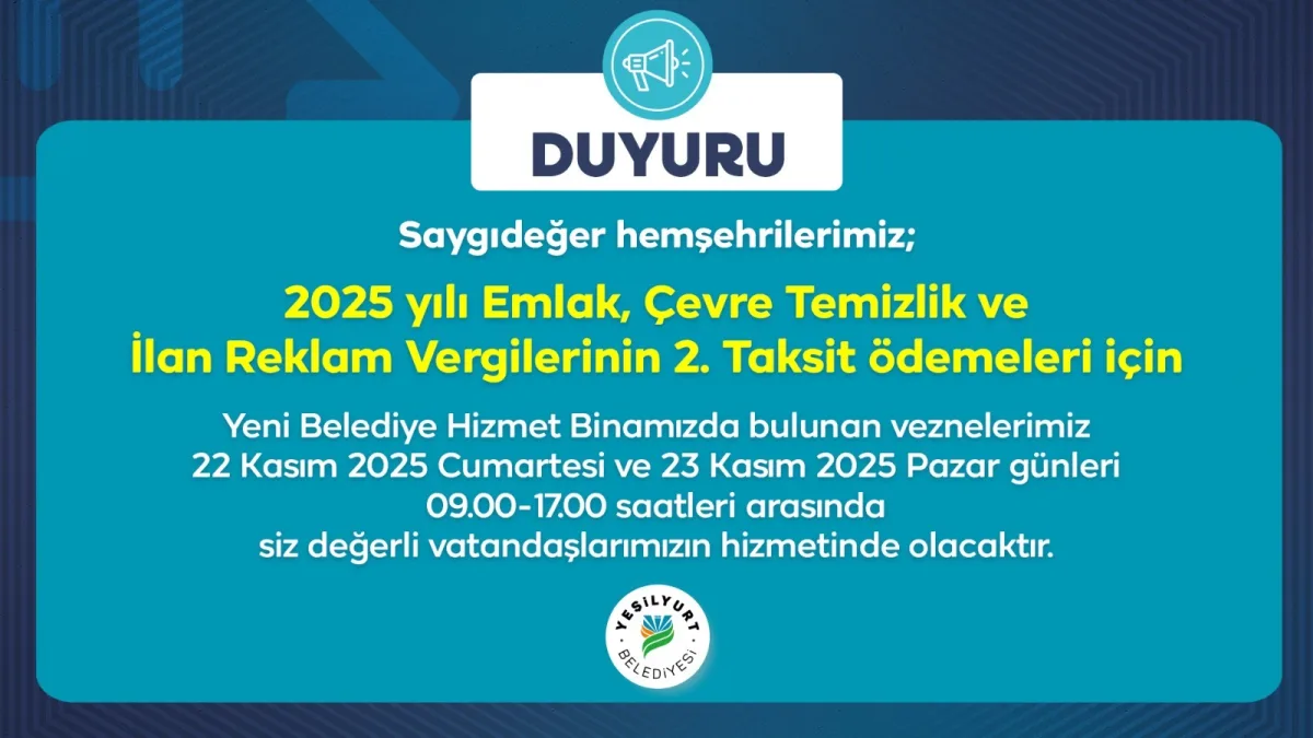 Yeşilyurt Belediyesi'nden Hafta Sonu Vezne Hizmeti