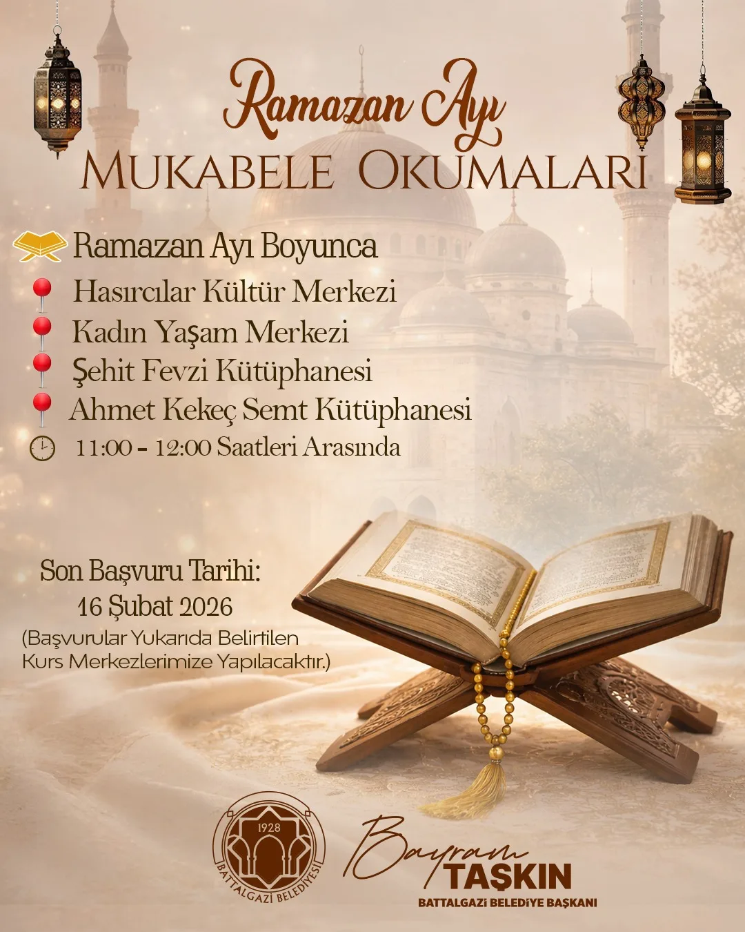 Battalgazi'de Ramazan Ayı Mukabele Okumaları Başlıyor