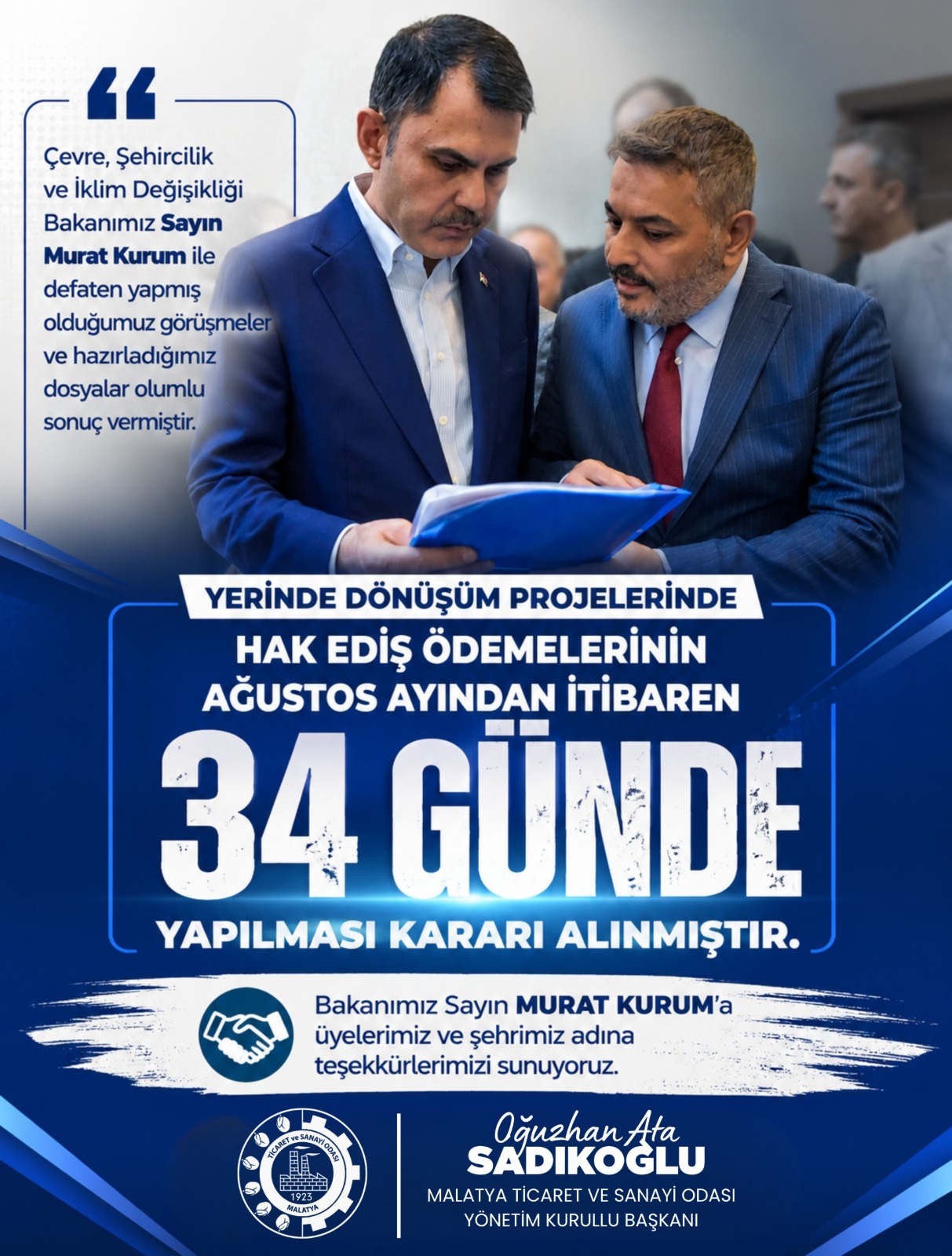 Sadıkoğlu: Yerinde dönüşüm hak ediş ödemeleri artık 34 günde yapılacak