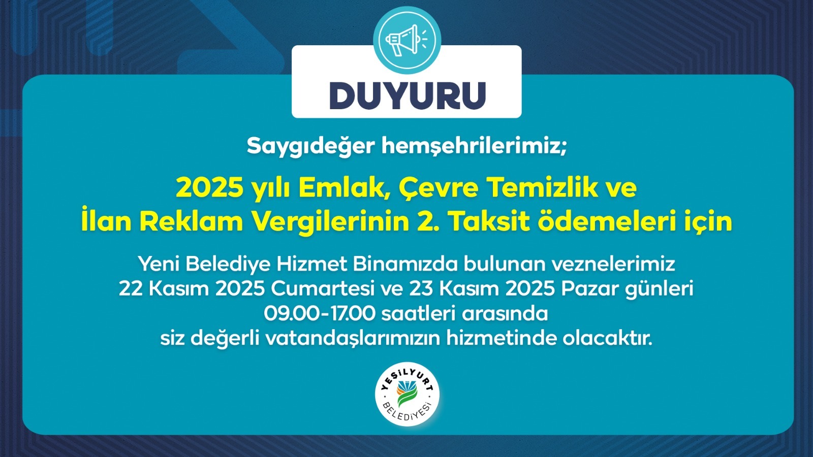 Yeşilyurt Belediyesi'nden Hafta Sonu Vezne Hizmeti