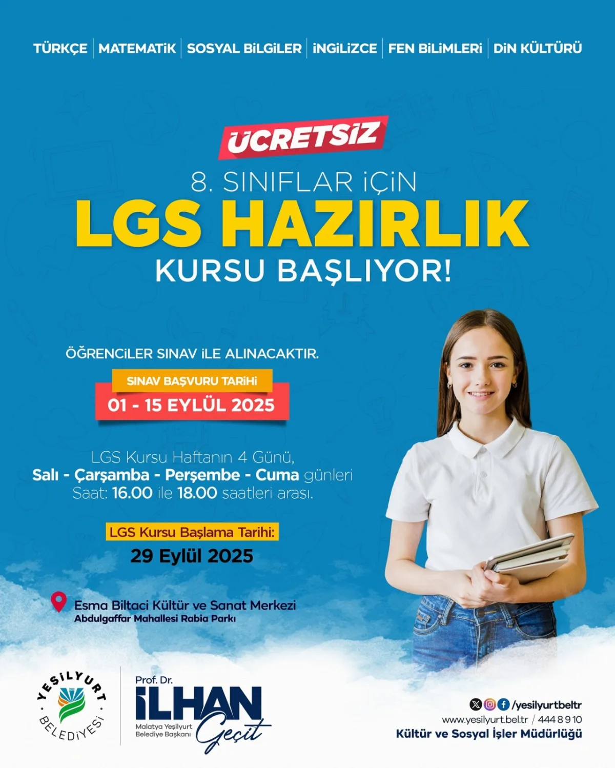 Yeşilyurt Belediyesi ' Ücretsiz LGS Hazırlık Kursu' Kayıtları 1 Eylül'de Başlıyor